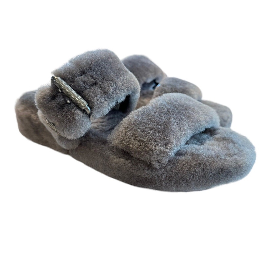 UGG Slides Sandals Fuzz Yeah 1104662 Gray Sheepskin Slipper Comfort Women's 9